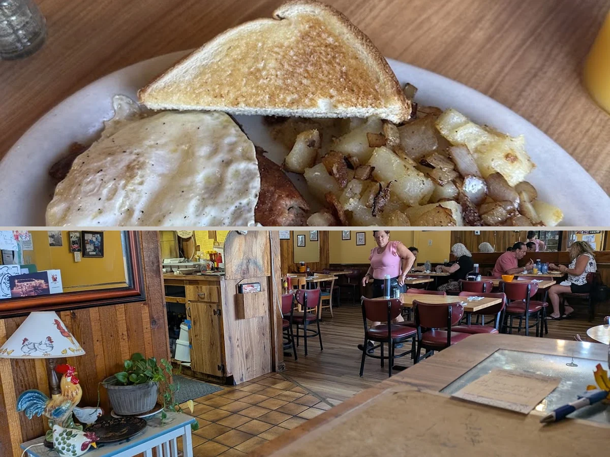 Biscuits and gravy served with breakfast sides.
